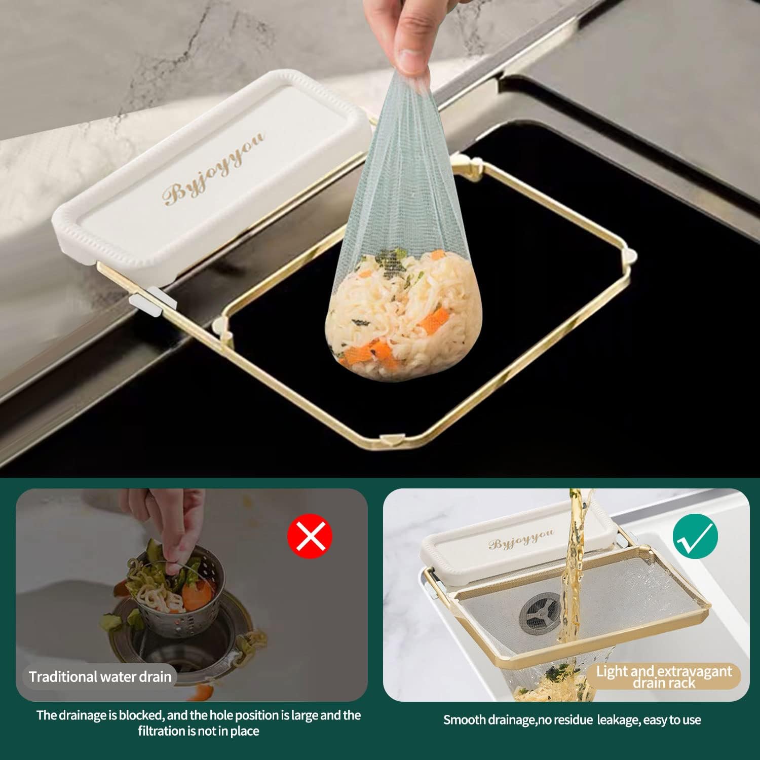 Foldable Sink Strainer with 200 Large Filter Mesh Bags for Vegetables, Fruit, Kitchen Scraps, Tea - White Iron PP Material - Sink Mount - Image 2