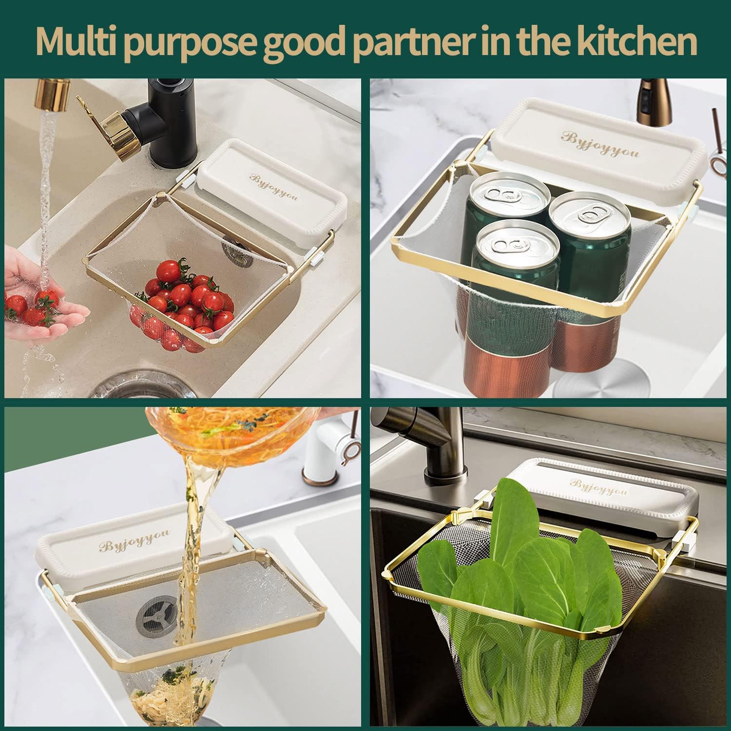 Foldable Sink Strainer with 200 Large Filter Mesh Bags for Vegetables, Fruit, Kitchen Scraps, Tea - White Iron PP Material - Sink Mount - Image 4