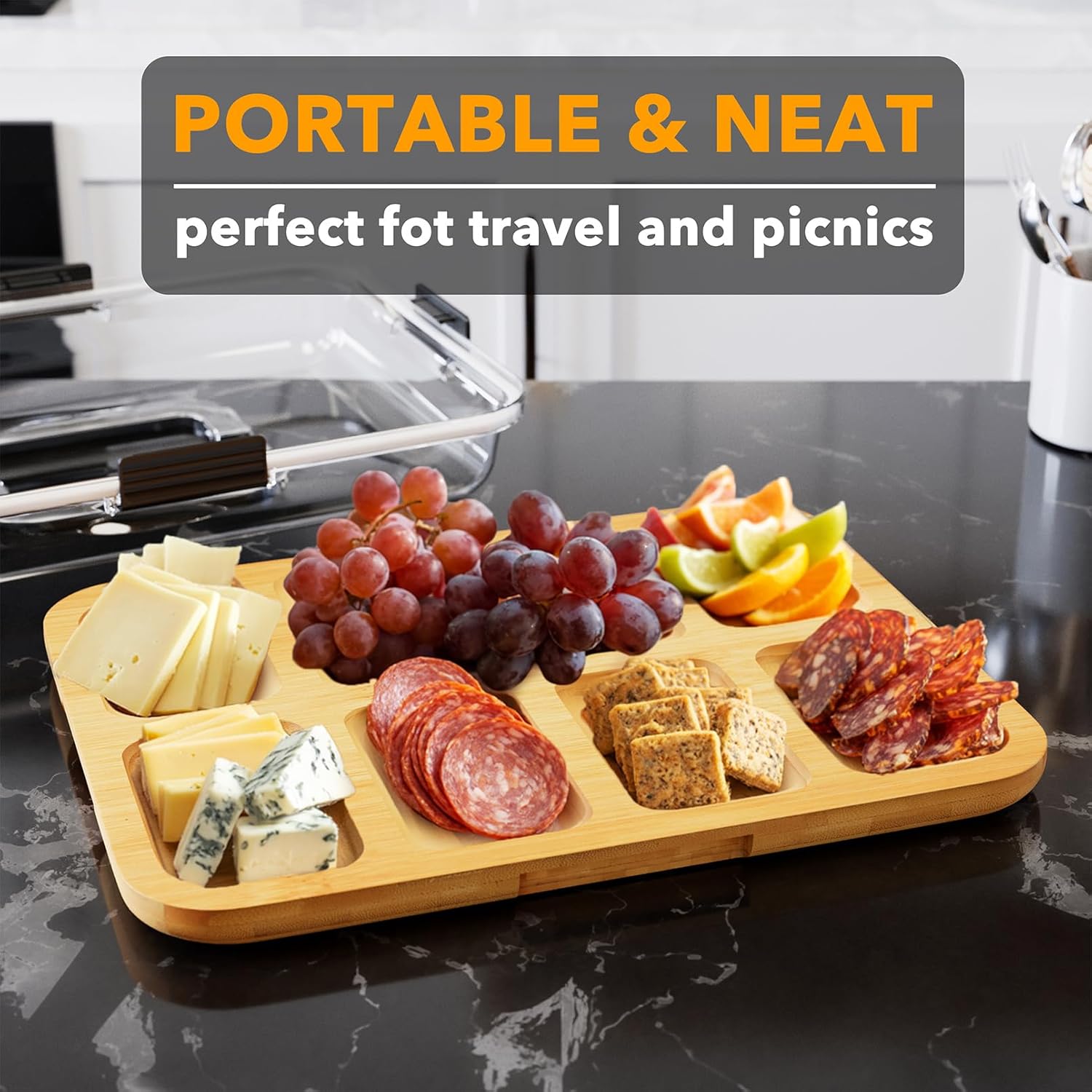SpaceAid Charcuterie Board with Clear Lid, Portable Travel Cheese Cutting Boards for Picnic Accessories, Bamboo Serving Tray with Lids - Image 3