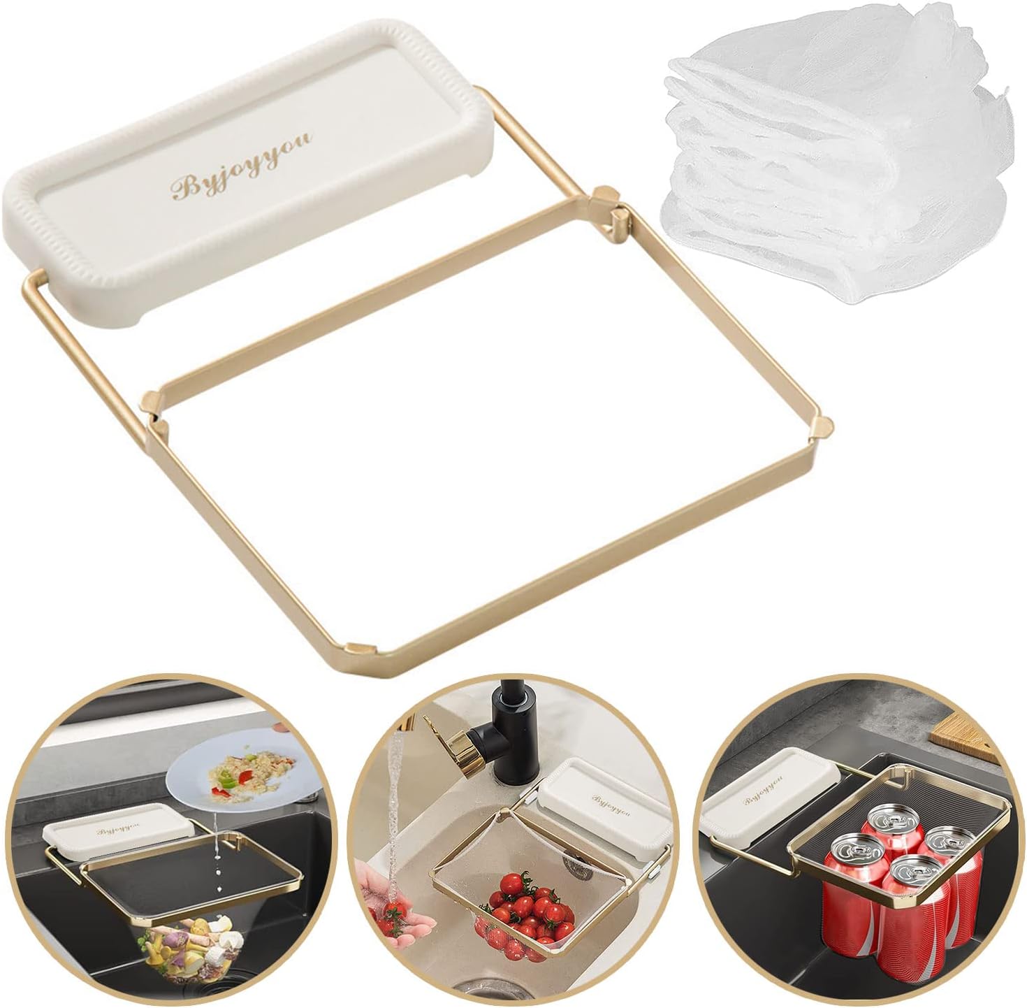 Foldable Sink Strainer with 200 Large Filter Mesh Bags for Vegetables, Fruit, Kitchen Scraps, Tea - White Iron PP Material - Sink Mount