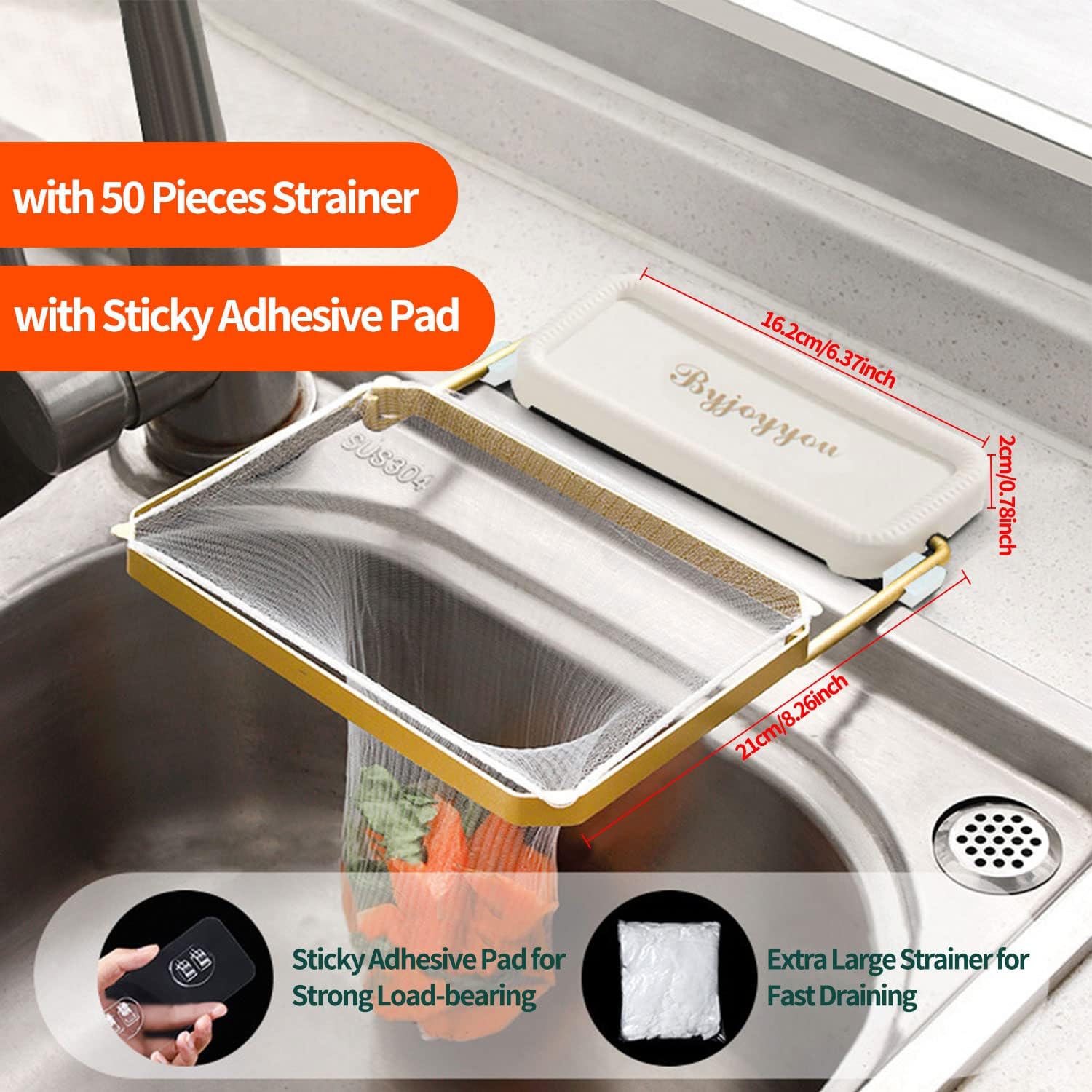 Foldable Sink Strainer with 200 Large Filter Mesh Bags for Vegetables, Fruit, Kitchen Scraps, Tea - White Iron PP Material - Sink Mount - Image 3